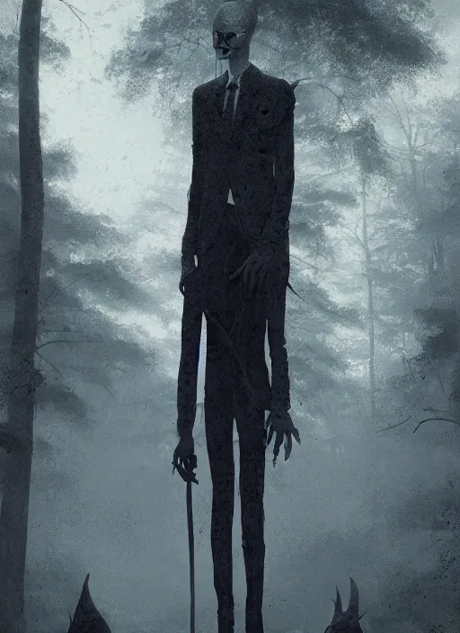 Image similar to a creepy portrait of slenderman. forest. night. character design by cory loftis, fenghua zhong, ryohei hase, ismail inceoglu and ruan jia. volumetric light, detailed, rendered in octane