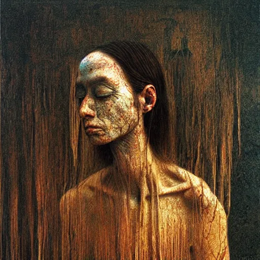 Prompt: portrait of 4000 years old girl, painting by Beksinski