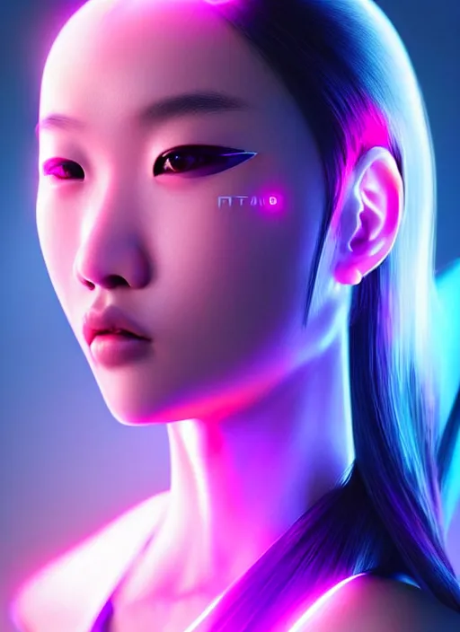 Image similar to photorealistic portrait of asian female humanoid, cyber neon lights, highly detailed, cyberpunk fashion, elegant, crispy quality, trending in artstation, trending in pinterest, glamor pose, no signature, no watermark, cinematic, art by pascal blanche