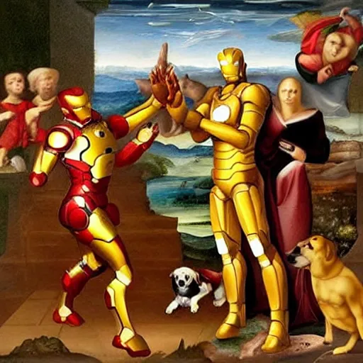 Prompt: renaissance painting of iron man as a dog