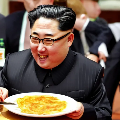 Prompt: happy kim jon - un eating spanish potato omelette