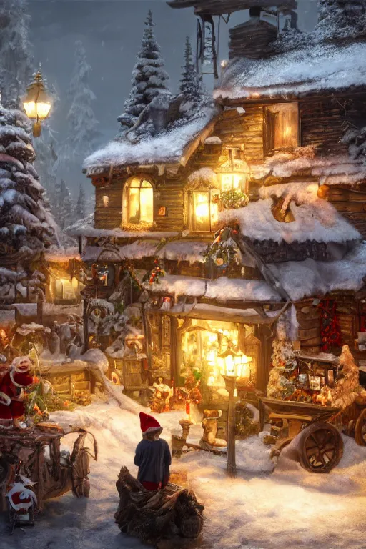 Image similar to Santa's workshop, dramatic lighting, cinematic, establishing shot, extremely high detail, foto realistic, cinematic lighting, post processed, concept art, high details, cinematic, 8k resolution, beautiful detailed, photorealistic, digital painting, artstation, concept art, smooth, sharp focus, artstation trending, octane render, unreal engine