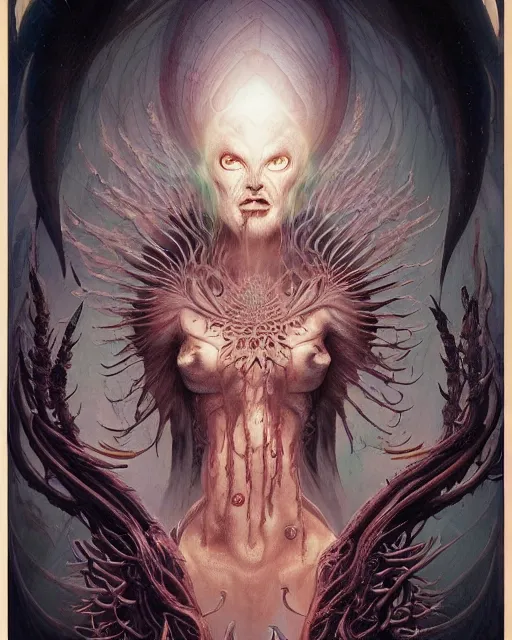 Image similar to perfectly centered portrait front view of a angry dead rotten beautiful female daemon growing ornamentation, ornate, detailed, symmetrical, elegant, beautifully soft lit, by wayne barlowe, peter mohrbacher, kelly mckernan