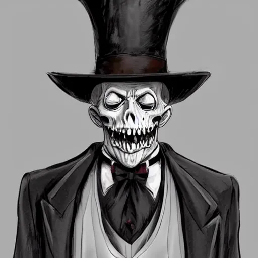 Image similar to undead, ghoul, top hat, tuxedo, concept art, character, digital painting, highly detailed, artstation, style kim jung gi, style junji ito