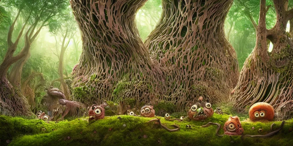 Image similar to of an intricate forest with strange cute friendly happy creatures with huge eyes, mouth, long tongue, round teeth and goofy face, appearing from the background, in the style of gehry and gaudi, macro lens, shallow depth of field, ultra detailed, digital painting, trending artstation, concept art, illustration, cinematic lighting, photorealism, epic, octane render