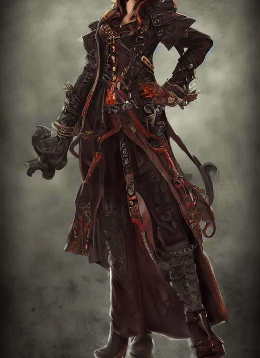 Image similar to female demonic pirate in a trenchcoat, goat horns, two flint - lock pistols, digital art, d & d, artstation, highly detailed