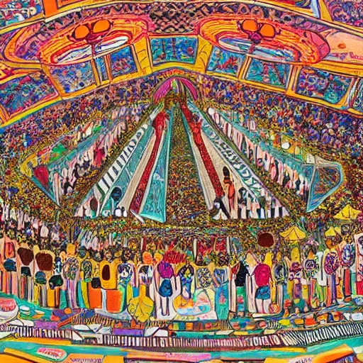 Image similar to A beautiful mixed media art of a large room with many people in it. There is a lot of activity going on, with people talking and moving around. The room is ornately decorated and there is a large window at one end. parchinkari inlay by Grayson Perry, by Edvard Munch loose