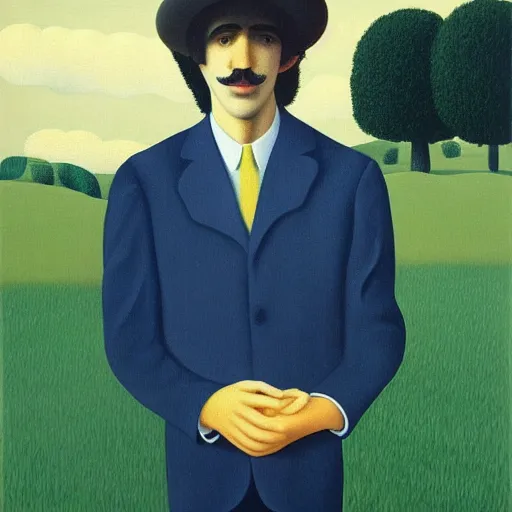 Image similar to painting of a young george harrison by rene magritte, hd, 4 k, detailed, award winning