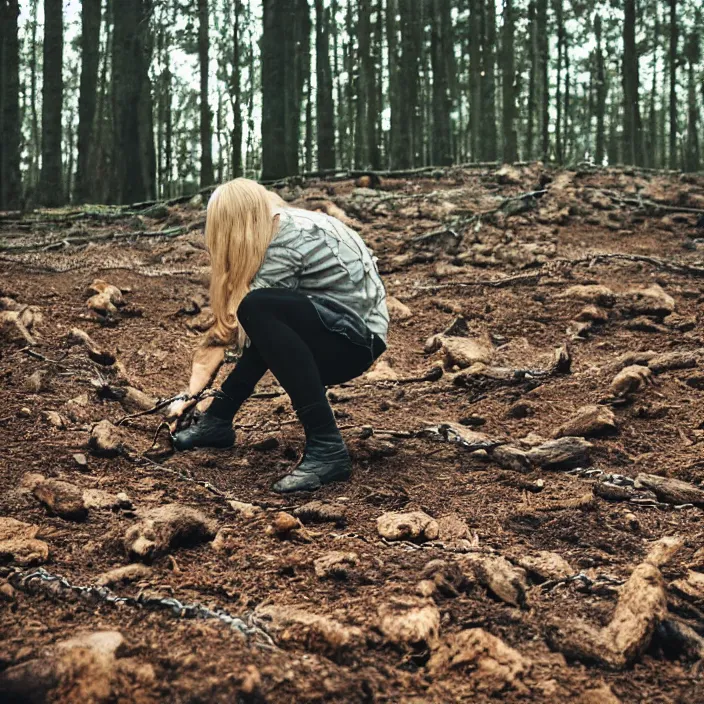 Prompt: a closeup of a woman dragging a pile of chains, in a forest, by Erik Almas, CANON Eos C300, ƒ1.8, 35mm, 8K, medium-format print