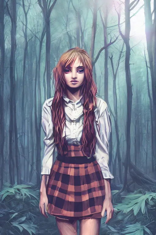 Image similar to sarah humpfrey as a girl in a dark forest, detailed plaid miniskirt, beautiful upper body, detailed face portrait, by dan mumford, anime style, octane render, trending on artstation