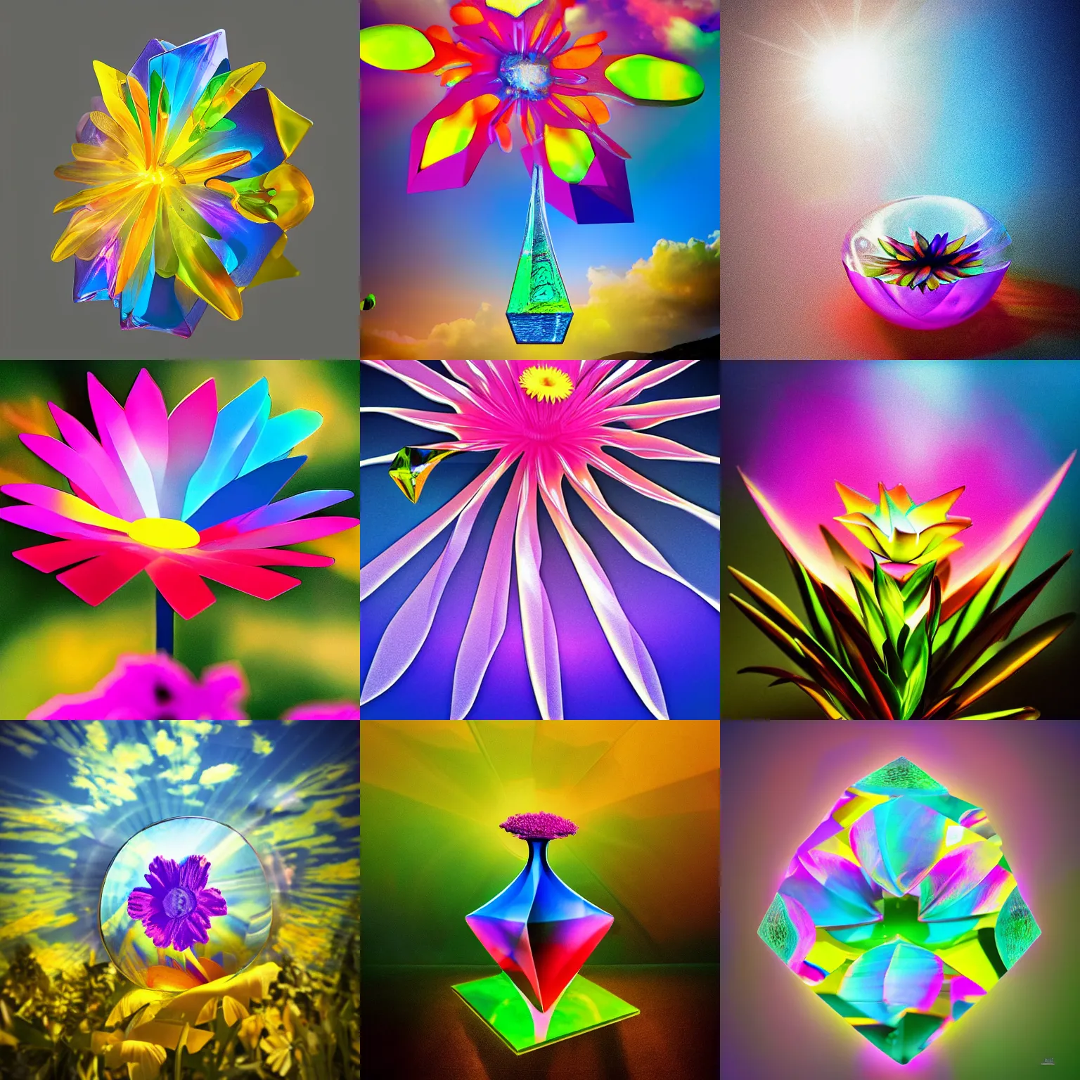 Prompt: exotic surreal living glass prism flower by chris wood, sunbeams, beautiful composition, featured on behance