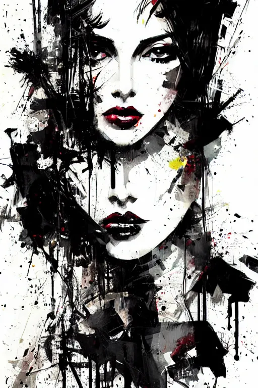 Image similar to painted illustration of a pretty girl in black ink by Russ Mills energetic brush strokes