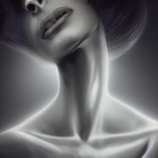 Prompt: A young beautiful female angelic-extraterrestrial-cyborg face with a very long neck, big detailed luminous eyes, thin nose, big lips, hair floating in the wind, Realistic, Refined, Digital Art, Pre-Raphaelite, Highly Detailed, Cinematic Lighting, rim light, dramatic, contraste black and white, photo-realistic Unreal Engine, 8K