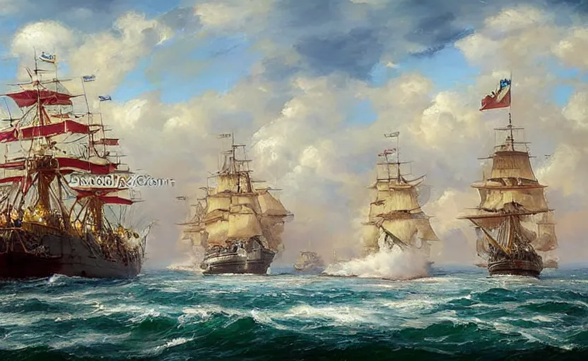 Prompt: Epic naval battle. By Konstantin Razumov, highly detailded