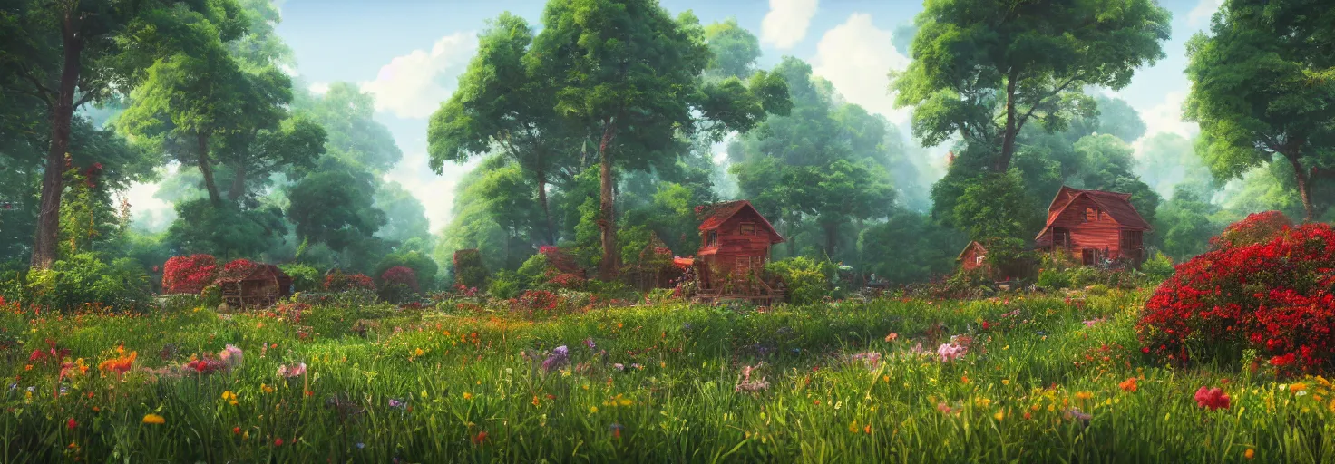 Image similar to a beautiful forest meadow village landscape flowers, crimson - black beehive, happy trees, photorealistic, octane render, rtx, hdr, unreal engine, digital art widescreen 8 k in the style of studio ghibli and bob ross and pixar and bee movie