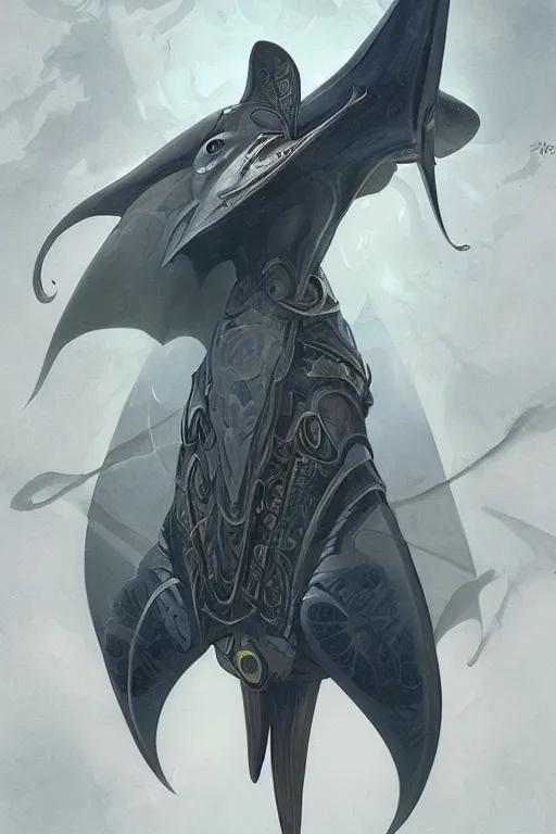 Prompt: a anthropomorphic manta ray warrior, D&D, fantasy, intricate, highly detailed, digital painting, artstation, concept art, smooth, sharp focus, illustration, art by artgerm and greg rutkowski and alphonse mucha