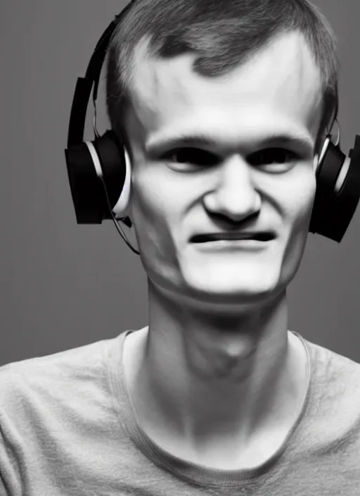 Image similar to perfect symmetric face, coherent eyes. vitalik buterin in headphones. vitalik buterin, close up, high detail, very sharp, 4 k