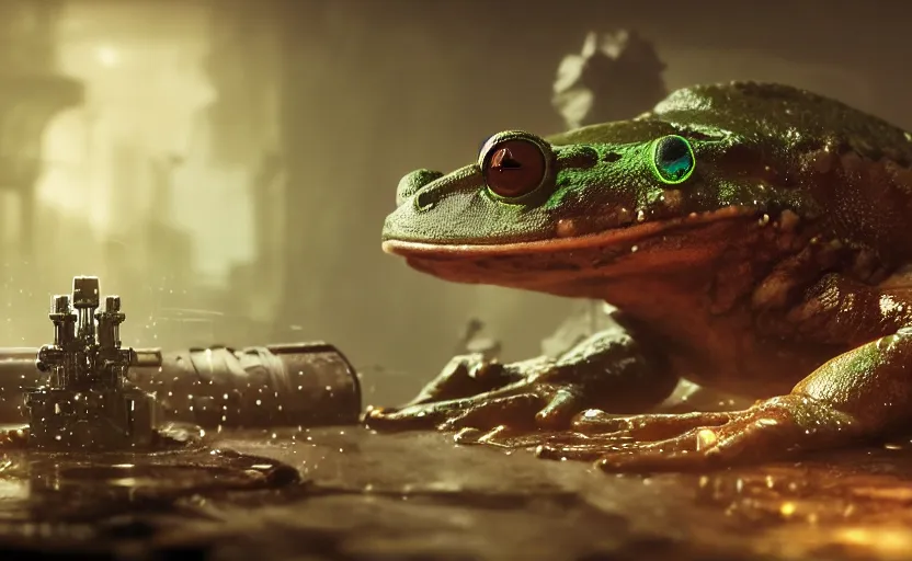 Prompt: highly detailed portrait of an evil cyberpunk frog making a poisonous drink, in vr, stephen bliss, unreal engine, fantasy art by greg rutkowski, global illumination, radiant light, detailed and intricate environment