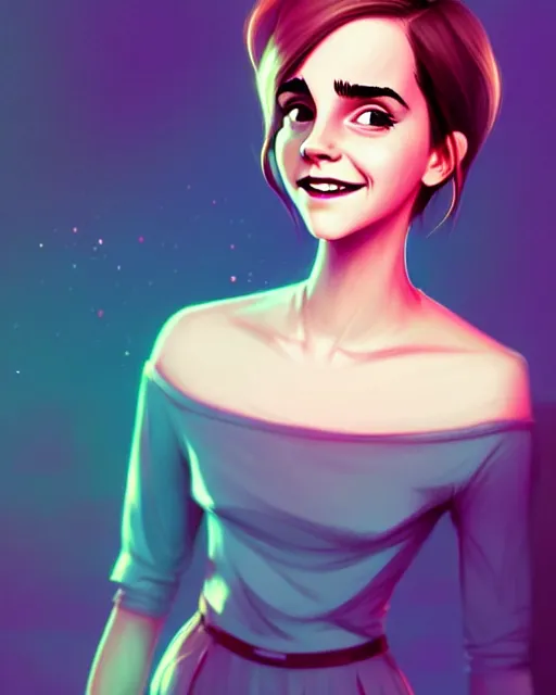 Prompt: beautiful full body Emma Watson goofy smiling illustration by lois van baarle and loish and ross tran and rossdraws and sam yang and samdoesarts and artgerm, digital art, highly detailed, intricate, sharp focus, Trending on Artstation HQ, deviantart