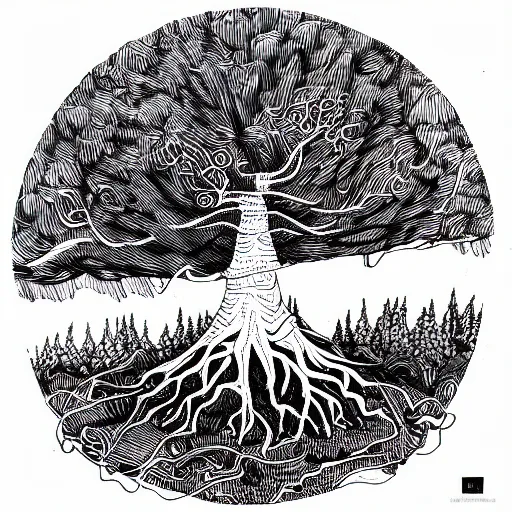 Image similar to black and white ink doodle illustration of an ancient tree floating in outer space, overgrown with funghi, style by peter deligdisch, peterdraws