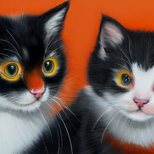 Prompt: close up of two beautiful calico kittens with orange, black and white colored fur, outside on a beautiful day, beautiful painting, featured on artstation, cgsociety, behance hd