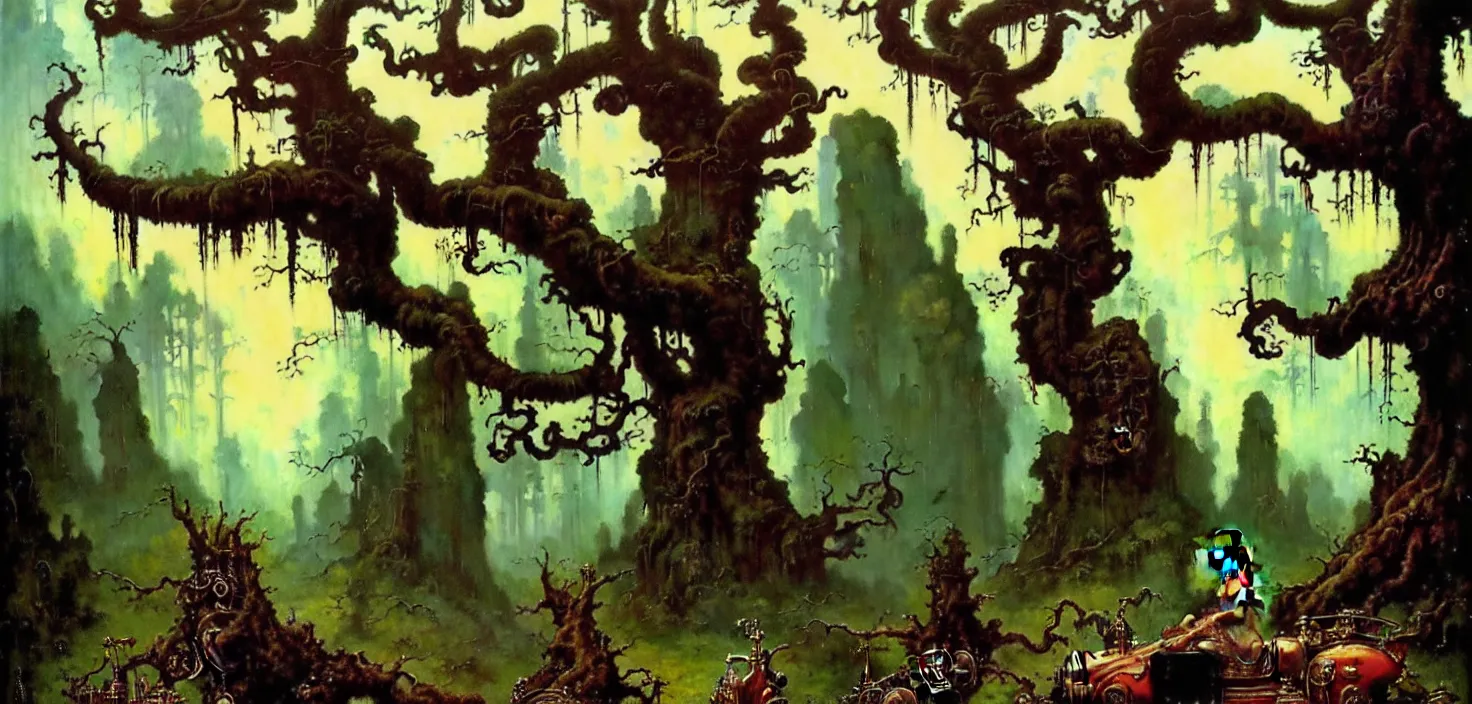 Image similar to exquisite imaginative fantasy landscape lush forests, moody sky, gnarly trees, with steampunk castles movie poster by : : norman rockwell, sargent, james gurney weta studio, trending on artstation james jean frank frazetta