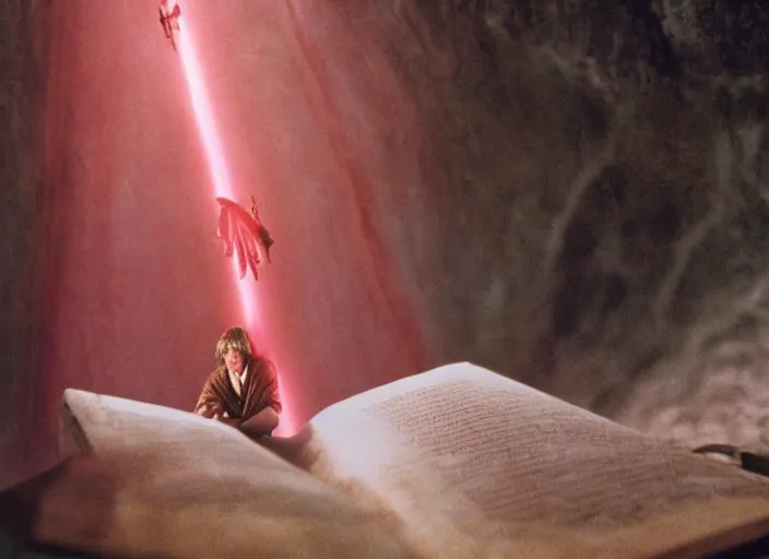 Prompt: detailed photo of Luke skywalker uncovering the secrets of the ancient jedi texts. a glowing book with infinite knowledge, the oracle speaks, a dark pink hazy ethereal cave from Indiana jones, adventure film, screenshot from the 1983 film, Photographed with Leica Summilux-M 24 mm lens, ISO 100, f/8, Portra 400