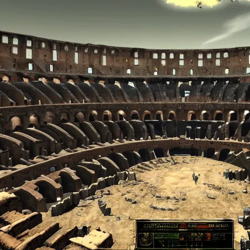 Image similar to Rebuild postapocalyptic Colosseum in Rome, screenshot from Fallout: New Vegas (2010)