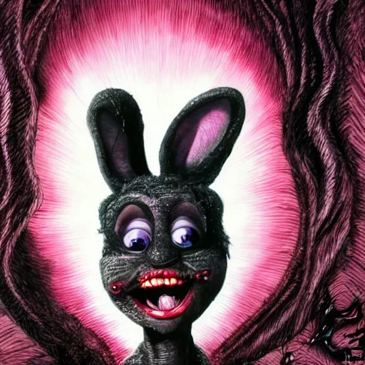 Image similar to A extremely highly detailed majestic hi-res beautiful, highly detailed head and shoulders portrait of a scary terrifying, horrifying, still of a creepy black cartoon rabbit in eraserhead with scary big eyes, earing a shirt laughing, hey buddy, let's be friends, in the style of Walt Disney animation