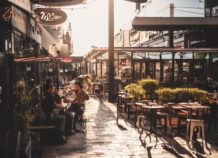 Prompt: a 3 5 mm photo of a trendy cafe in the morning, bokeh, canon 5 0 mm, cinematic lighting, film, photography, golden hour, depth of field, award - winning