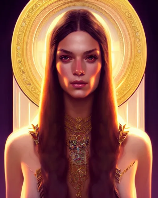 Image similar to symmetry portrait of brunette princess, glam, deco, glowing intricate, elegant, highly detailed, digital painting, artstation, concept art, smooth, sharp focus, illustration, art by artgerm and greg rutkowski and fra angelico and unreal engine 5