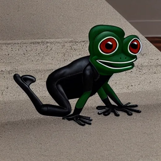 Prompt: Pepe the frog wearing black leather crawling out of a basement from a dark stair