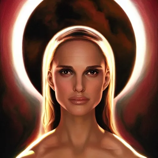 Image similar to a painting of Natalie Portman as the Messiah by Ross Tran, Bruce Timm and Vladimir Kush, highly detailed digital art, holy aura, serene expression