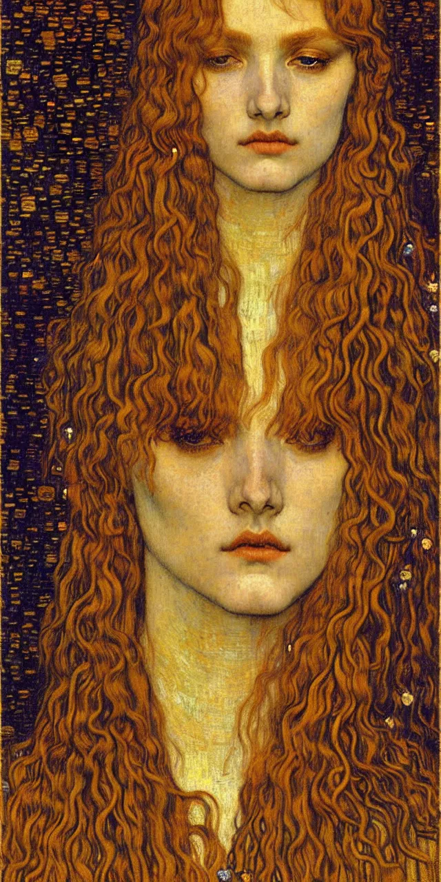 Image similar to detailed realistic beautiful young medieval queen face portrait by jean delville, gustav klimt and vincent van gogh, art nouveau, symbolist, visionary, gothic, pre - raphaelite, muted earthy colors, desaturated