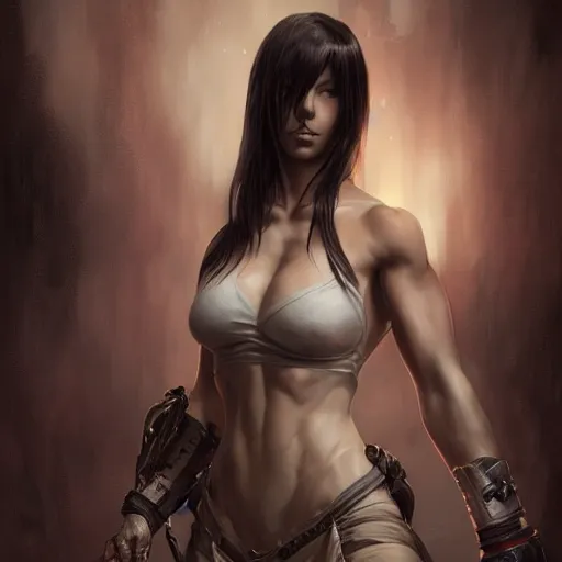 Image similar to portrait of tifa lockhart, muscular upper body, fantasy, intricate, elegant, highly detailed, digital painting, artstation, concept art, matte, sharp focus, illustration, art by aenaluck and roberto ferri and greg rutkowski, epic fantasy, digital painting