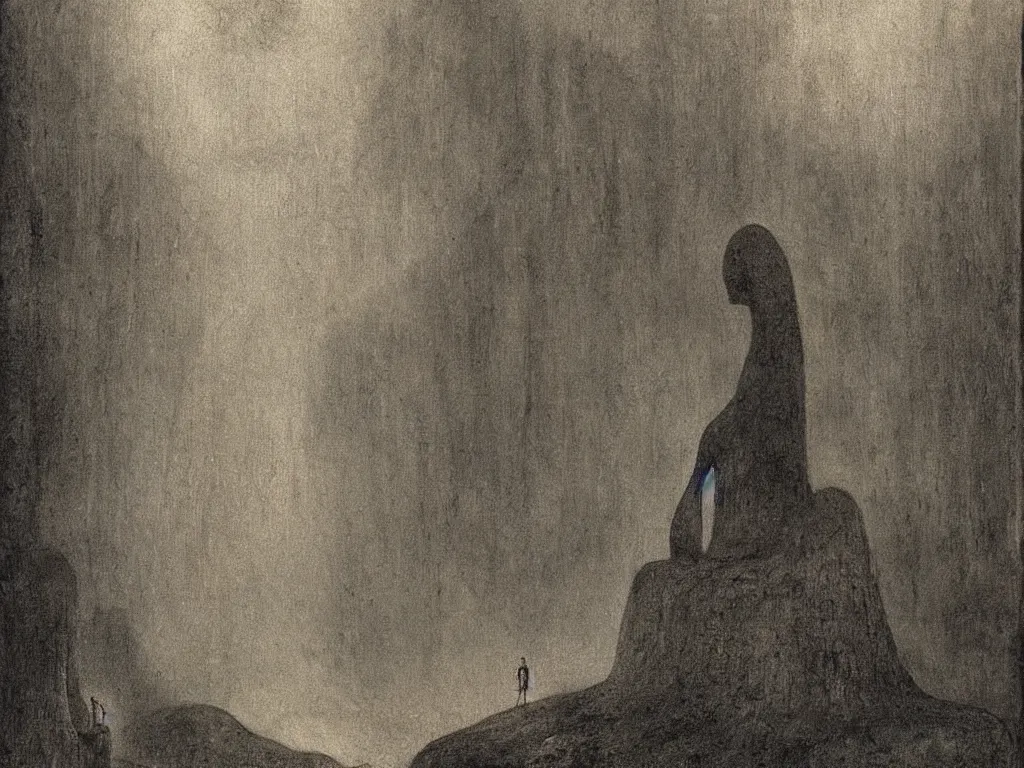 Image similar to Giant African sculpted god in a ravine, fog, melancholy, noise, surreal canopy, Harsh, golden light. Painting by Alfred Kubin