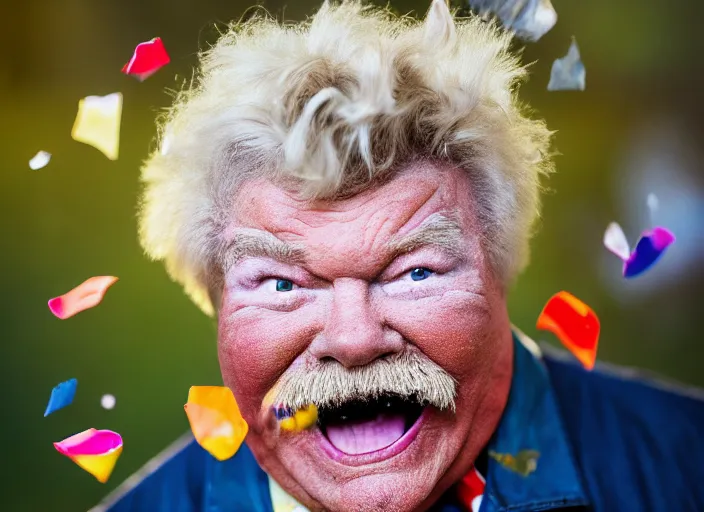 Image similar to photo still of rip taylor at a burial!!!!!!!! at age 5 4 years old 5 4 years of age!!!!!!! throwing confetti from a bucket, 8 k, 8 5 mm f 1. 8, studio lighting, rim light, right side key light