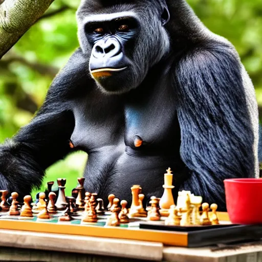 Prompt: A gorilla playing chess while eating pudding in a tree, On the television show Baywatch