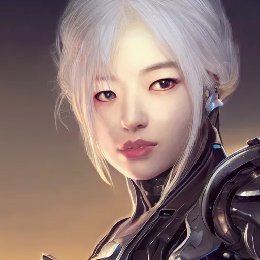 Image similar to ultra realistic illustration of cyborg song hye - kyo, warframe, intricate, nier automata, sunset, white hair, elegant, highly detailed, digital painting, artstation, concept art, smooth, sharp focus, illustration, art by artgerm and akihiko yoshida and alphonse mucha