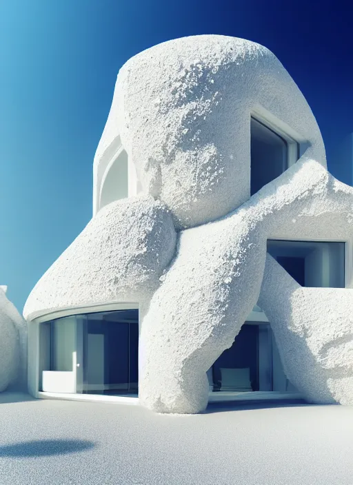 Image similar to bright white zen beach house made of geodes well contoured smooth fair walls, up close shot, sharp focus, global illumination, radiant light, alexandre ferra white mecha, irakli nadar, octane highly render, 4 k, ultra hd,