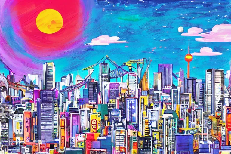 Prompt: wild cityscape, made in tokyo artstyle, colorful, there is a moon in the sky, it is daytime