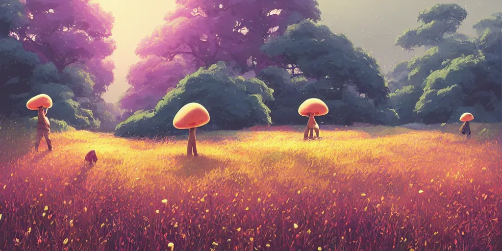 Prompt: under the rain backlight grass field wildflowers trees rock floor mushrooms game background median photoshop filter cutout vector behance hd by jesper ejsing, by rhads, makoto shinkai and lois van baarle, ilya kuvshinov, rossdraws, illustration, art by ilya kuvshinov and gustav klimt