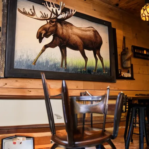 Image similar to a moose in a coffee shop in vermont, realistic, 8 k