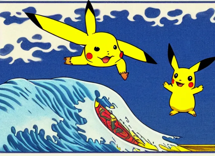 Image similar to pikachu surfing on the great wave off kanagawa