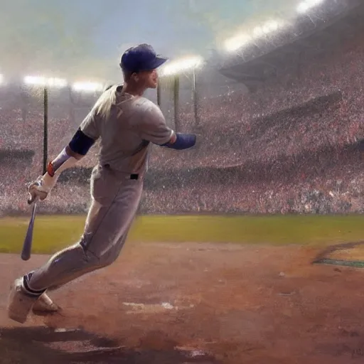 Image similar to baseball player hitting the ball with the baseball bat in the middle of the game and in front of everyone in the stadium, james gurney painting style, greg rutkowski, artstation