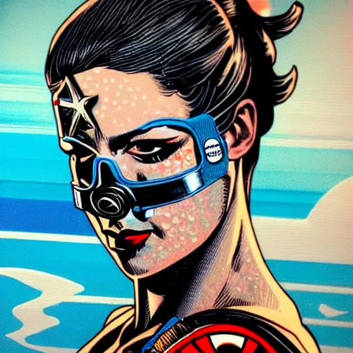 Image similar to a profile photo of an saint with a diving oxygen mask with side profile blood in ocean intricate details by MARVEL comics and Sandra Chevrier-C