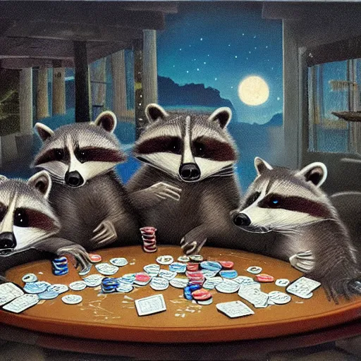 Prompt: a gang of raccoons playing poker at night