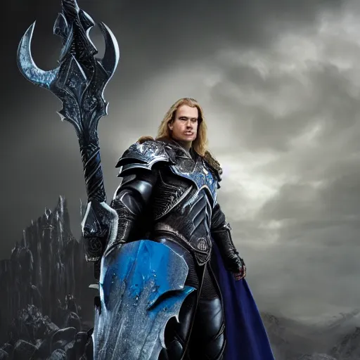 Image similar to Henry Cavill as Arthas Menethil in World of Warcraft, promo shoot, studio lighting