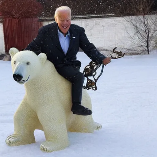 Image similar to biden riding a polar bear, metal sculpture