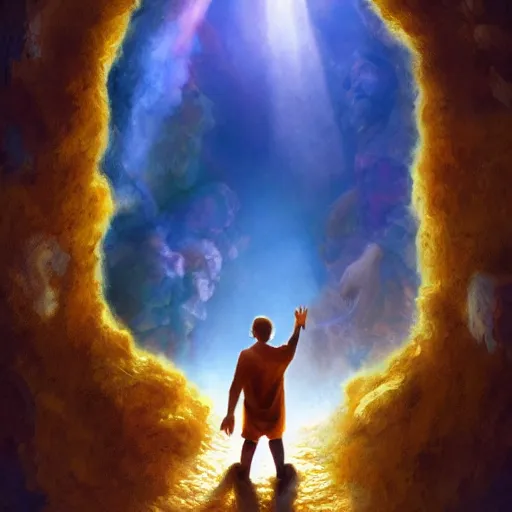 Prompt: a man going into heaven with his wife and children through stairs which is connecting magical world to heaven, realistic, concept art trending on artstation, glowing effect, golden ratio, rule of thirds, illustration, digital painting, hyperreal, hyperdetailed, 8k